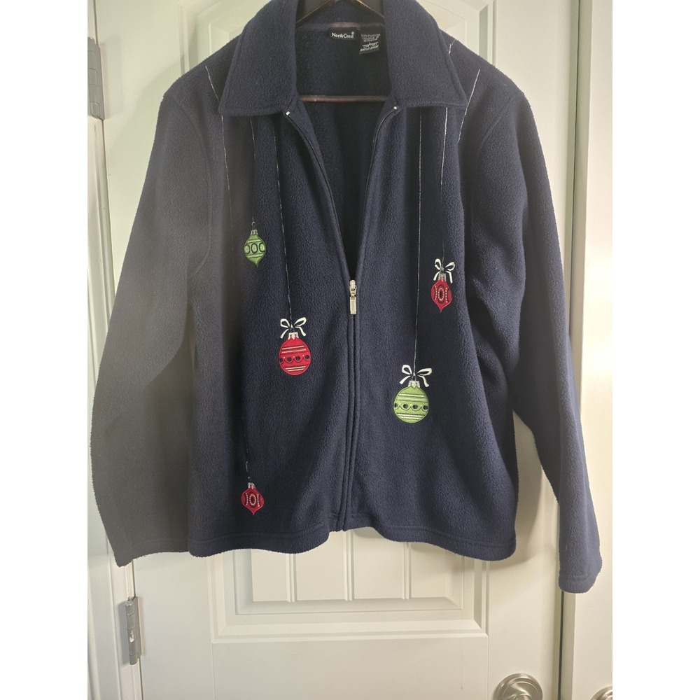 North Crest Womens Navy Blue Fleece Christmas Ornament Zip Up Jacket Large 14-16